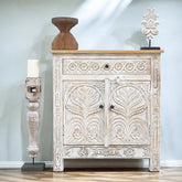 Antique Indian Floral Hand Carved Solid Wooden Cabinet Whitewash